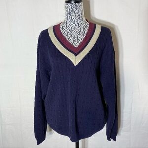 Vintage Christopher Rand Navy Burgundy Cream Cotton Cable Knit V Neck Sweater M